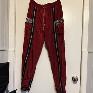 LF Red Track Pants with Black Zipper Accents